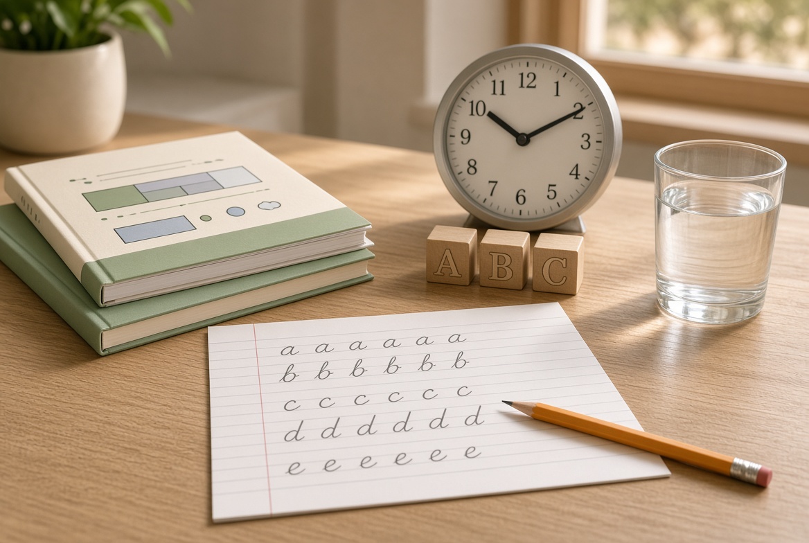Handwriting practice, workbooks, and a classroom clock