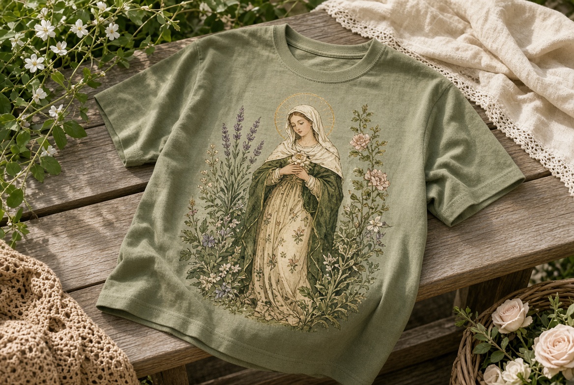Sage garden saint tee on a wooden bench