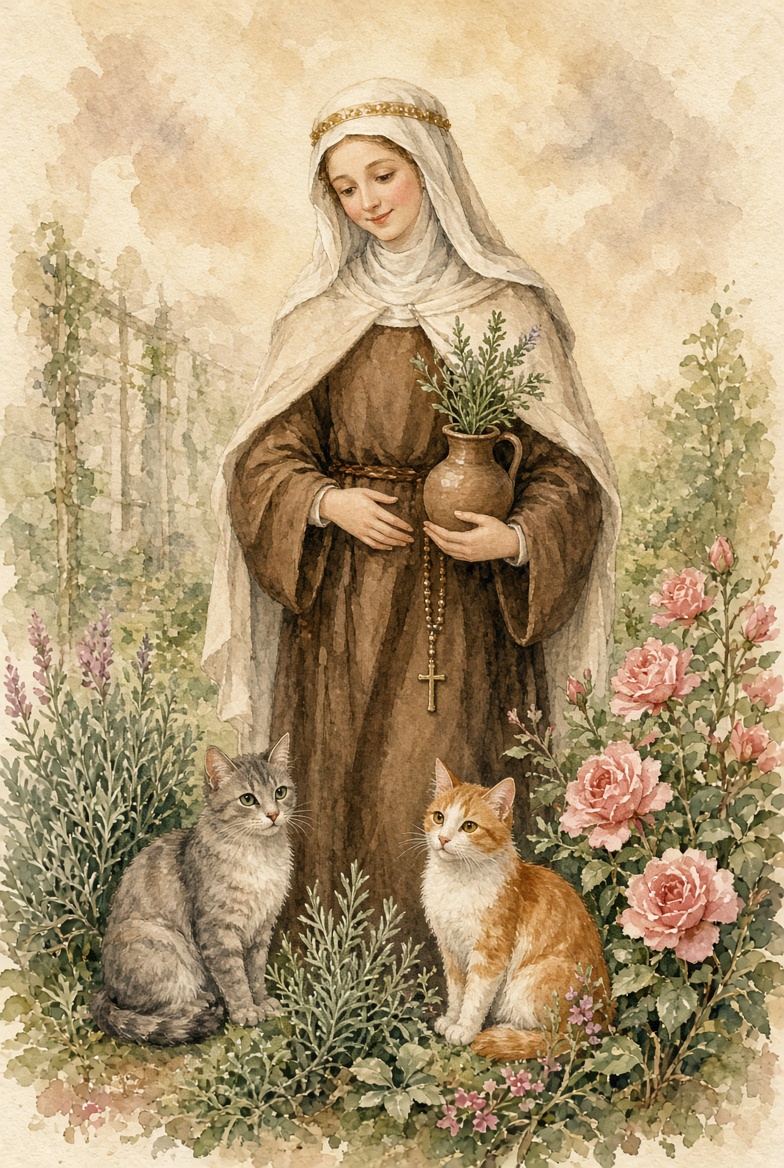 Saint Gertrude of Nivelles with garden cats