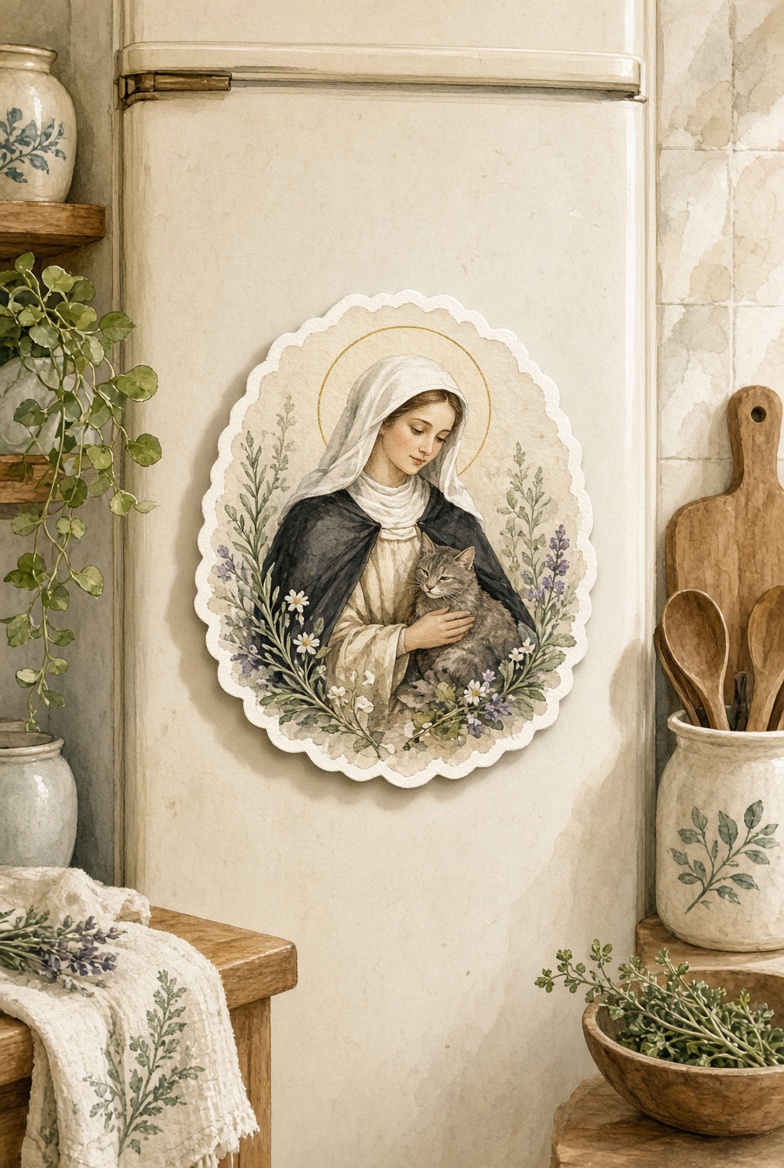 Die-cut saint and cat magnet on a cream fridge