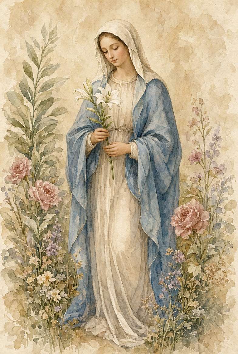 Watercolor Virgin Mary with lilies and cottage roses