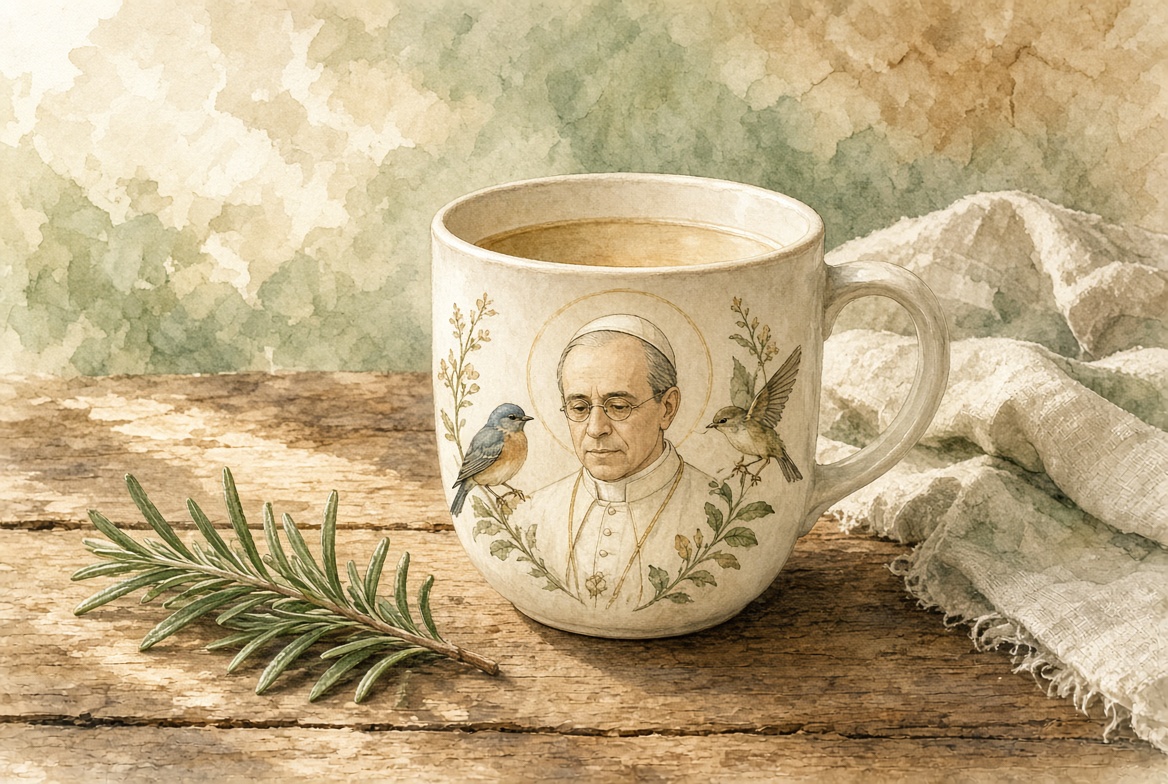 Ceramic mug with birds and a papal portrait