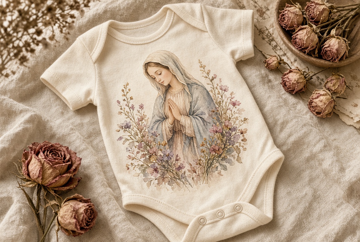 Watercolor Virgin Mary baby onesie
